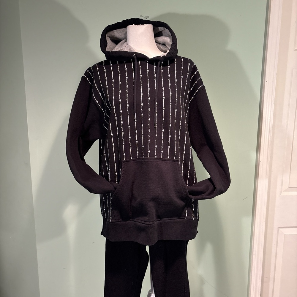 Men’s black champion Black Hoodie with White logo Stripes size L